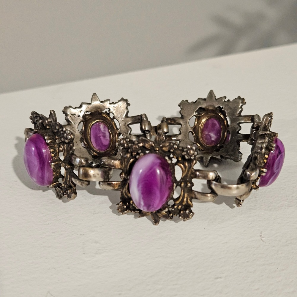 Vintage Purple Lucite Cabochon Faux Pearl Ornate Silver Tone Victorian Bracelet
